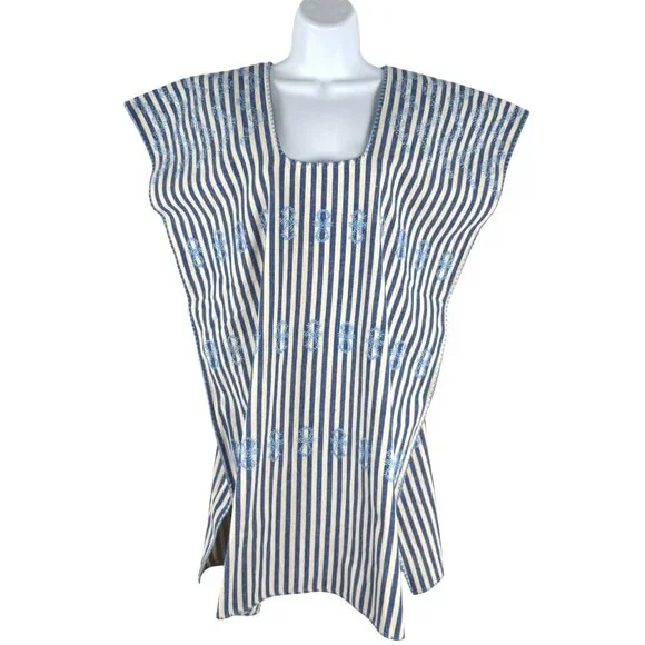 Tuckernuck Sullivan Embroidered Canvas Caftan Small Blue‎ Striped Beach DR-1771 - Picture 3 of 11